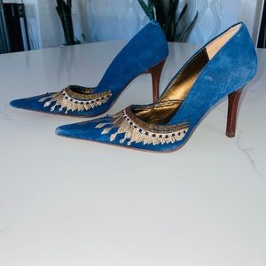 Aldo Blue Suede Pumps w/ Gold Stitched Detail